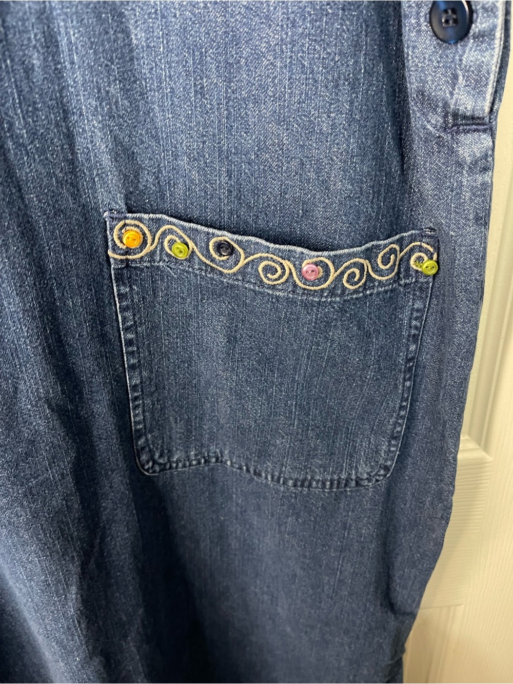 Denim Y2K Vintage Embroidered Colorful Button Jumper Chore Pocket Dress size Med - Picture 5 of 6